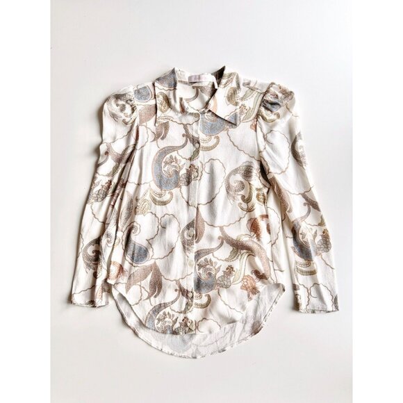 SEE BY CHLOE White Floral Paisley Print Crepe Puff Sleeve Blouse, Size 34/XXS - Picture 8 of 16